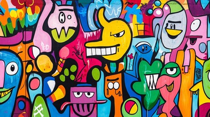 Obraz premium Cartoon-style graffiti wall with exaggerated characters, whimsical shapes