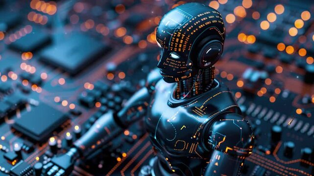 Android robot in circuit board, symbolizing technology AI
