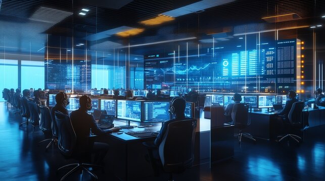 A futuristic office space with rows of computer monitors displaying data and graphs. People are working at their desks, focused on their tasks.