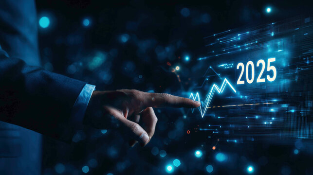 A business leader taps a futuristic digital graph predicting growth in 2025, symbolizing innovative strategies, rising markets, and financial success.
