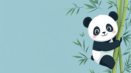 Fototapeta premium Cute Panda Bear Climbing Bamboo