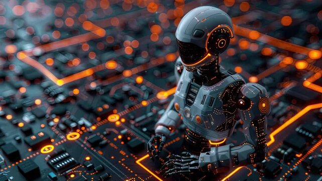 Android robot in circuit board, symbolizing technology AI
