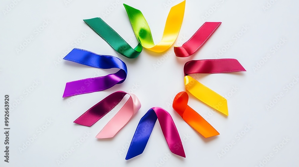 Poster a colorful array of ribbons arranged in a starburst pattern on a white background.