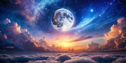 Captivating artwork of a glorious moon shines brightly among enchanting celestial designs, creating a mesmerizing night