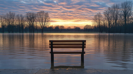 Fototapeta premium serene park bench sits nearly underwater, surrounded by tranquil water reflecting colorful sunset. scene evokes sense of solitude and calmness