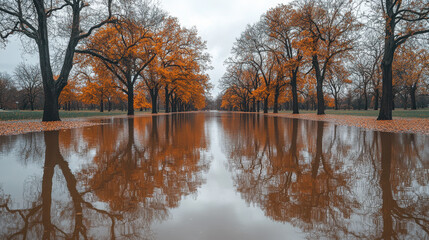 Obraz premium serene tree lined park is submerged in water, showcasing silhouettes of trees with vibrant orange leaves reflecting beautifully on calm surface. tranquil scene evokes sense of peace and natures