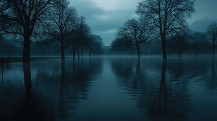 Fototapeta premium serene tree lined park submerged in water, with silhouettes of trees reflecting in calm surface, creating tranquil and mysterious atmosphere