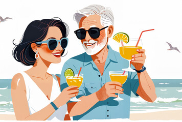 A joyful man and woman, with sunglasses and bright smiles, celebrate their vacation by toasting with colorful cocktails while standing on the beach - Generative AI