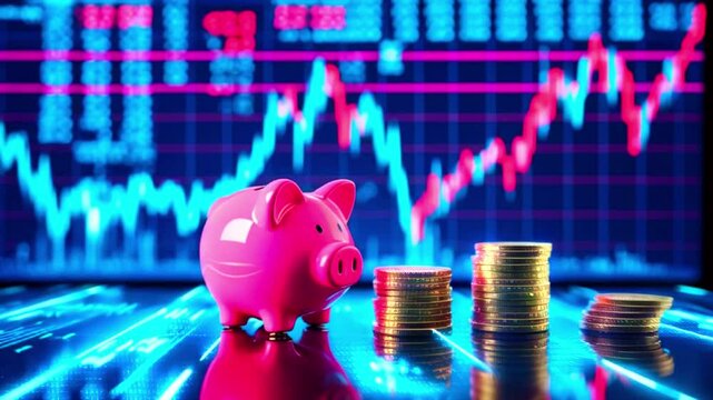 Pink piggy bank and stacks of gold coins on a reflective surface with a blue and red chart in the background.
