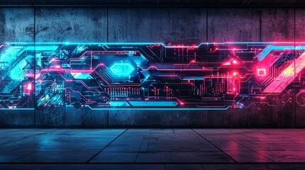 Graffiti wall with futuristic robotic elements, metallic textures