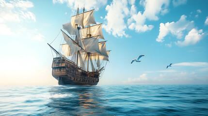 Majestic Historic Sea Vessel Sailing Across a Serene Blue Ocean Under Clear Skies Reflecting Adventure and Discovery