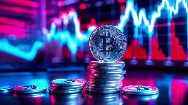Close up of a stack of bitcoins with a blurred screen showing a fluctuating graph in the background.