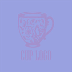 Ornate floral cup logo on purple background suitable for elegant branding. Elegant, stylish, vektor, logo design, floral, cup, purple, background, branding, ornate, business, feminine, sophisticated,
