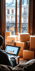 Fototapeta premium A person sitting comfortably at home makes purchases online. AI generative.
