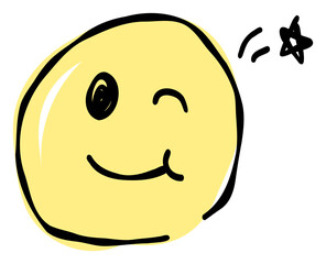 A hand-drawn winking smile emoji. Features a simple and cute yellow-based design. Stylish and versatile for various scenes.