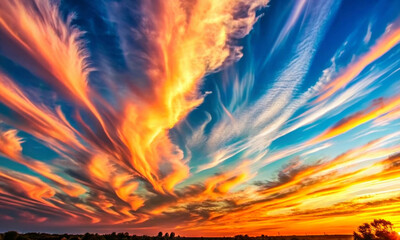Evening sky with fluffy vanilla clouds illuminated by the sun