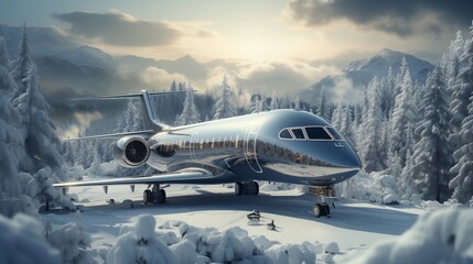 Sophisticated Jet Plane Amidst Snow-Capped Scenery - High-Speed, Modern Rims, Family Travel Experience