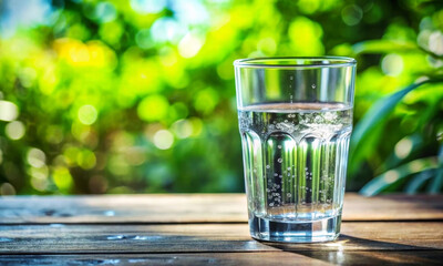Mineral water in a clear glass on the background of a green forest