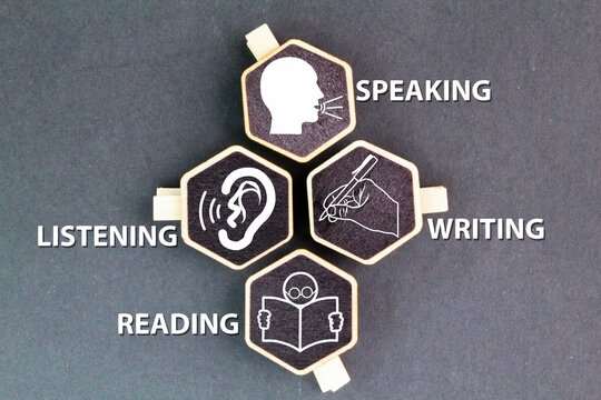 hexagon with speaking, listening, writing, and reading icons. What are the four domains of literacy? What Language Skills Do ELLs Need?