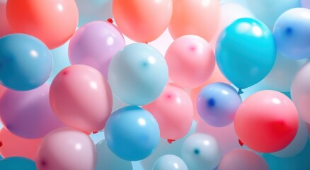 A colorful assortment of balloons in various pastel shades, floating against a soft, blurred background, evoking a festive atmosphere.
