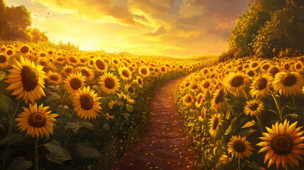 Fototapeta premium Sunflowers with a garden pathway winding through a vibrant, sunlit field