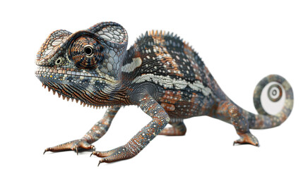 A 3D model of a baby chameleon, highly detailed and ultra-sharp, positioned on the left side, isolated on a white background