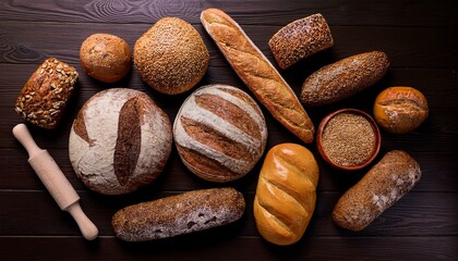 A variety of basic breads on the top view table