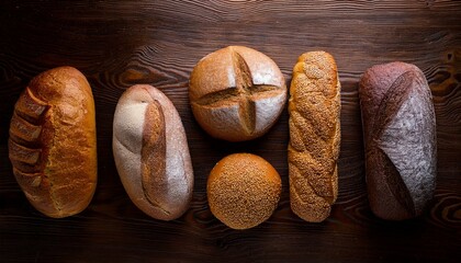 A variety of basic breads on the top view table