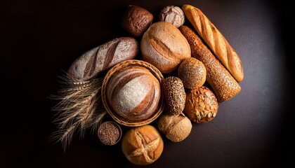 A variety of basic breads on the top view table