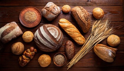 A variety of basic breads on the top view table