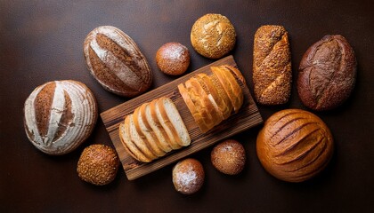 A variety of basic breads on the top view table
