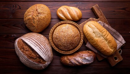 A variety of basic breads on the top view table