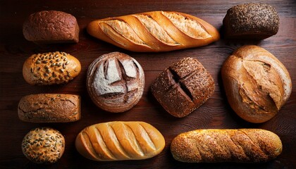 A variety of basic breads on the top view table