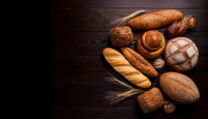 A variety of basic breads on the top view table