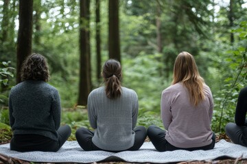 Fototapeta premium A Mindfulness Workshop In A Forest Setting. Participants Sit On Blankets And Listen To The Sounds Of Nature