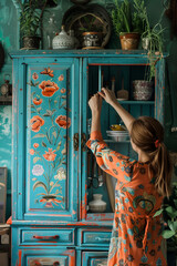 Young woman repainting old cabinet in bright color. Repair of old furniture. Restoration of old furniture. Furniture flip. Furniture renovation, diy and home improvement concept. Restorer at work