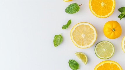 Assorted citrus slices with mint on a white background