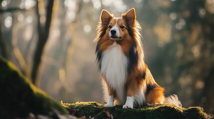 A sheltie dog sitting in a forest.. AI Generated