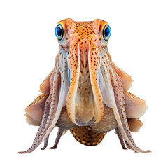 Fototapeta premium Close-Up Of A Cuttlefish With Blue Eyes And Spotted Skin On White Background