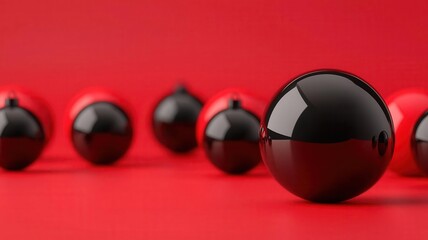 Red and black Christmas ball ornaments with reflective surfaces, 3D illustration