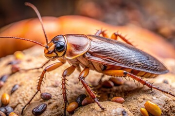 In a close-up view, a tiny cockroach crawls across a surface, showcasing its remarkable details, from its segmented