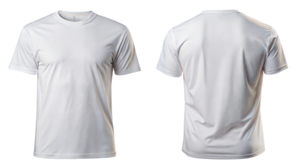 A plain white t-shirt displayed from the front and back against a transparent or white background, showcasing a simple and classic design.