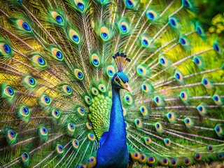 Obraz premium In a lush environment, a striking peacock presents its radiant feathers, captivating with a vivid display of colors,