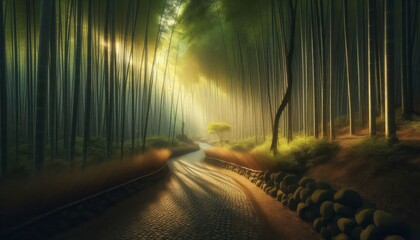 serene bamboo forest with sunlight filtering through the leaves