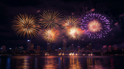 Colorful fireworks illuminate the skyline over a lake during a nighttime celebration