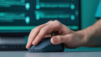 Close-up of healthcare worker s hand on computer mouse, medical software on screen