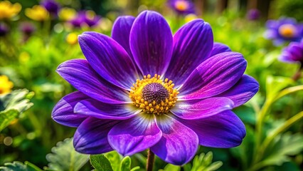 Obraz premium In a lush spring garden, a beautiful purple flower showcases a bright yellow center, bringing joy to the