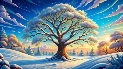 In a magical winter scene, a snow-dusted tree with skeletal branches stands cheerfully, framed by fluffy hills and