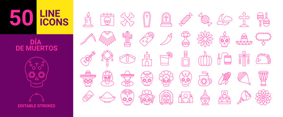 Set de 50 iconos de Día de Muertos en México, Íconos en Formato Vectorial.