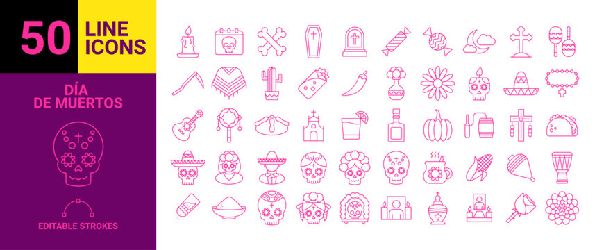 Set de 50 iconos de D&iacute;a de Muertos en M&eacute;xico, &Iacute;conos en Formato Vectorial.